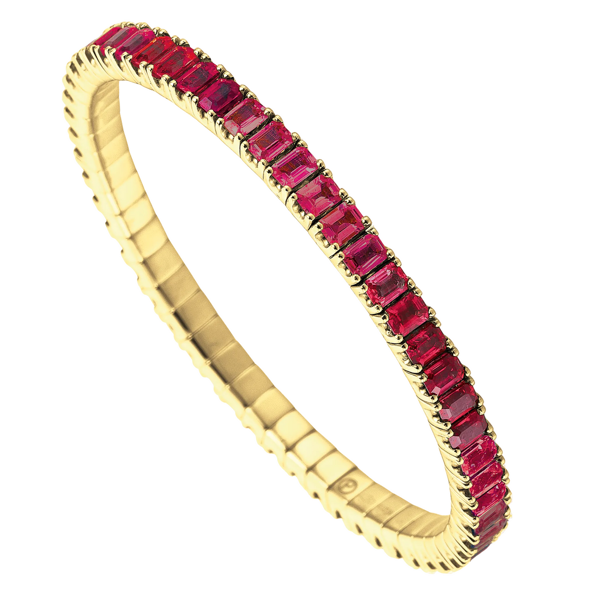 Gold tennis bracelet with red gemstones on a white background