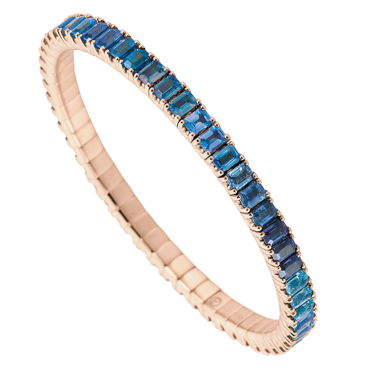 Rose gold bracelet with blue gemstones on a white background