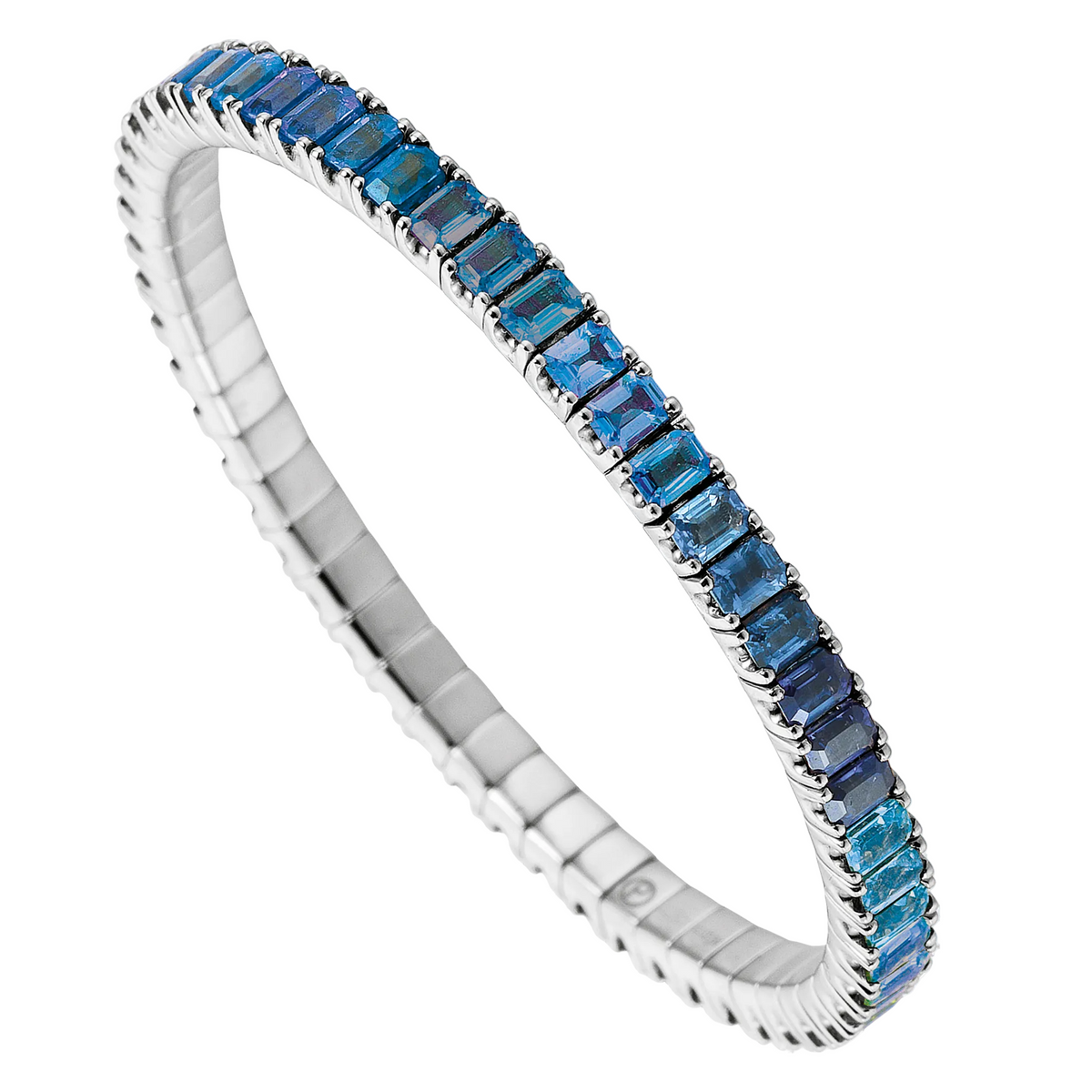 Silver bracelet with blue gemstones on a white background