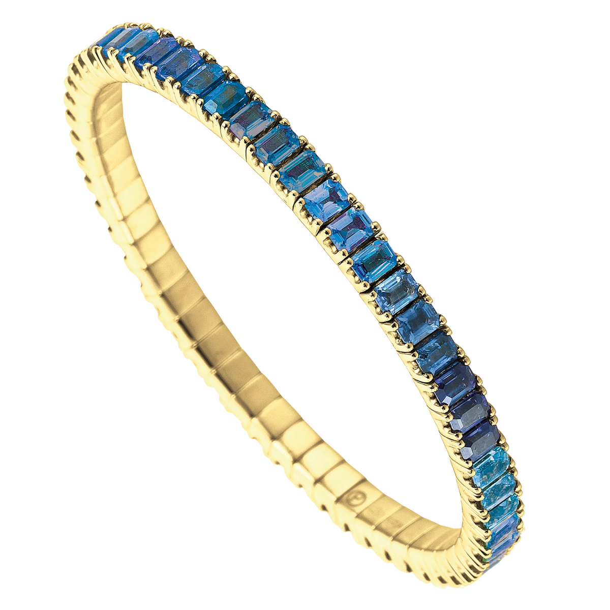 Gold tennis bracelet with blue gemstones on a white background