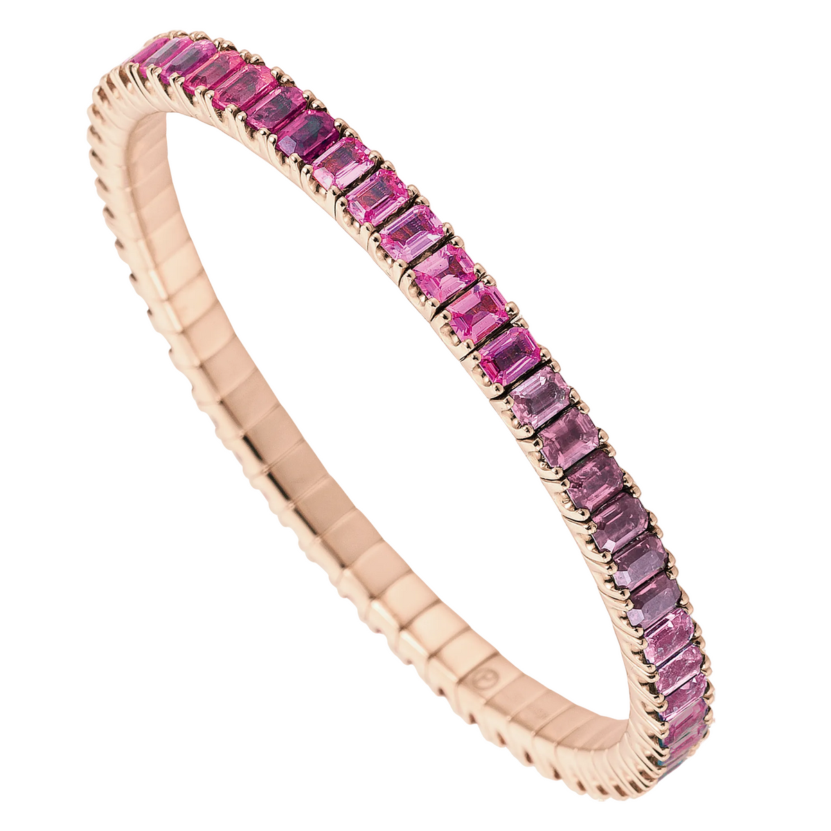 A rose gold tennis bracelet featuring a continuous row of rectangular pink gemstones, set against a clean white background.