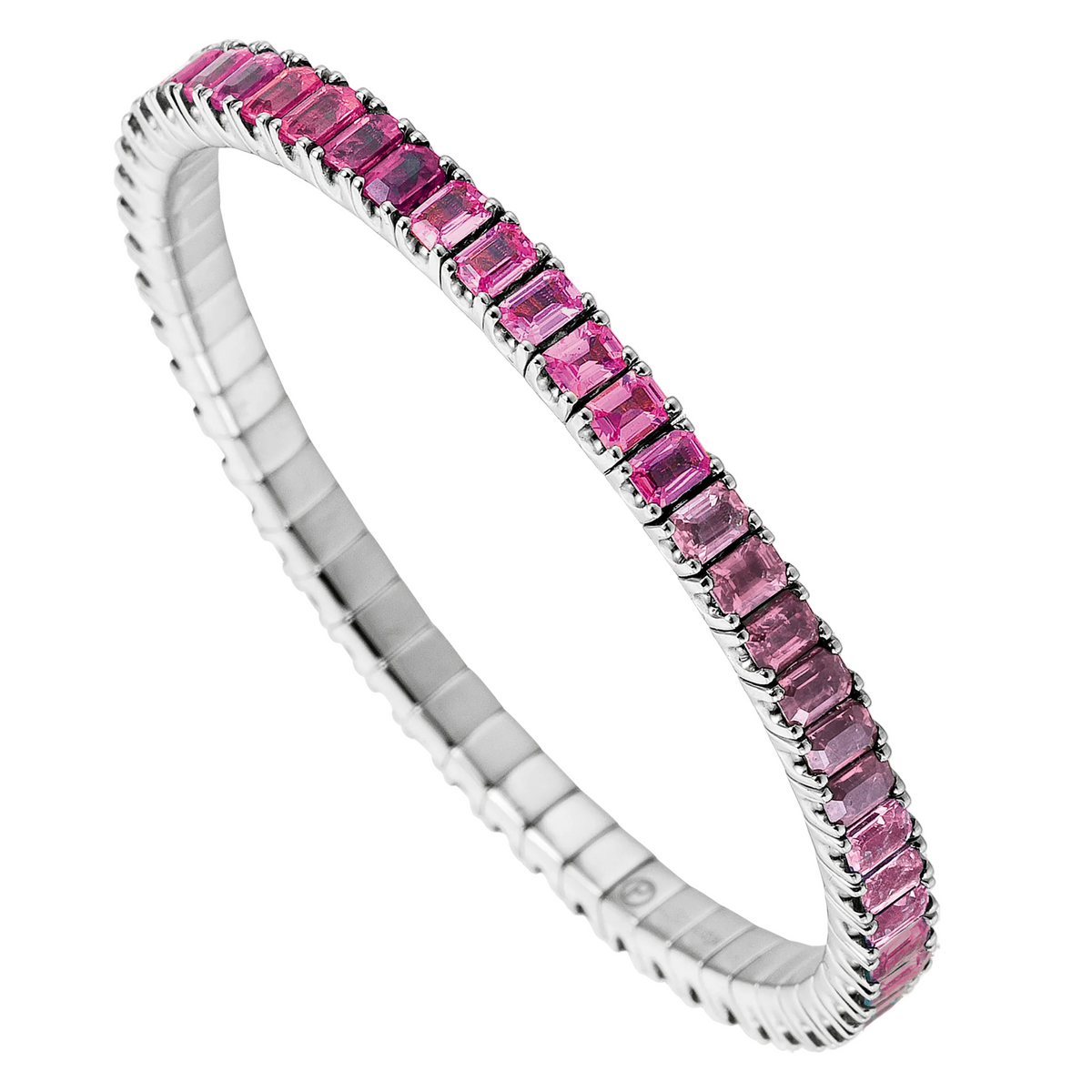 Silver bracelet with pink gemstones on a white background
