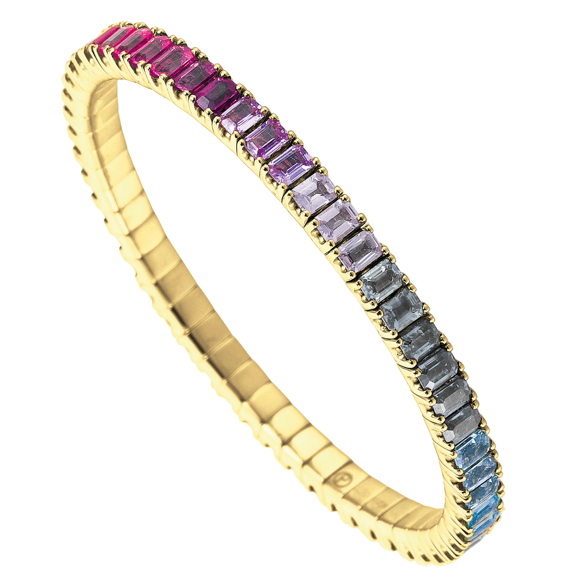 Gold tennis bracelet with multicolored gemstones on a white background