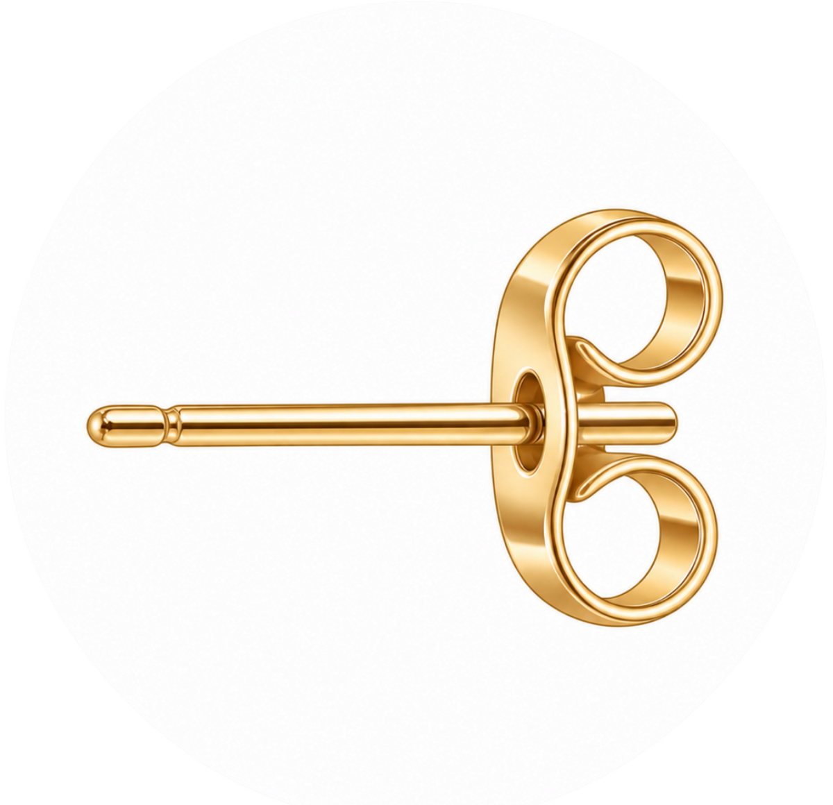 A single gold post earring with a double-loop butterfly back, shown on a clean white background with a subtle light gray circular backdrop.