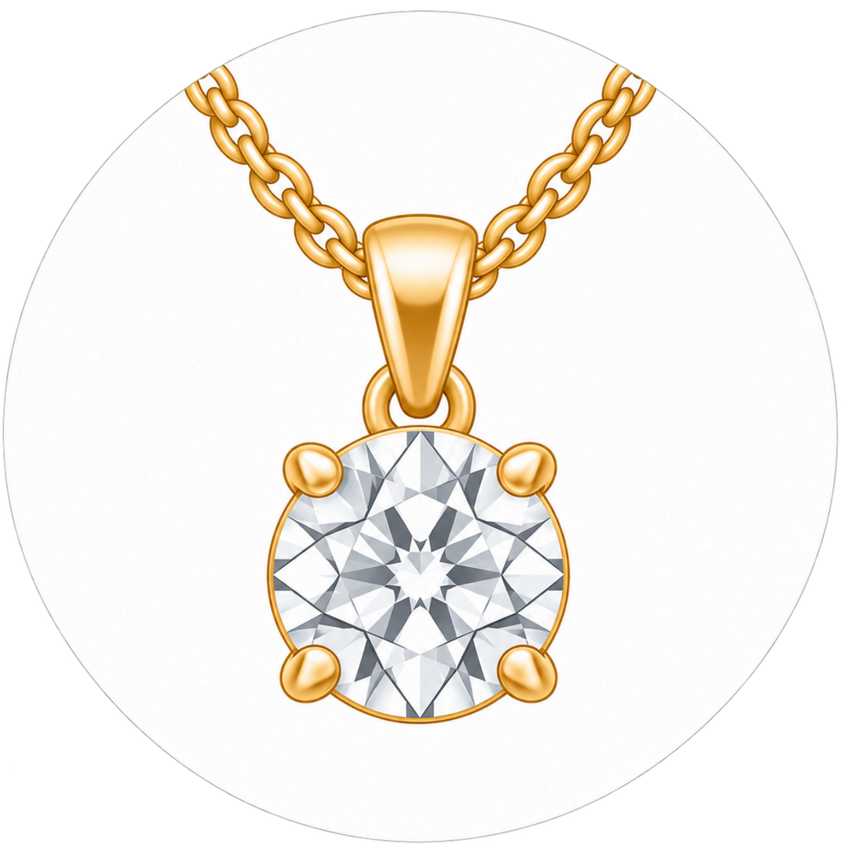 A gold pendant necklace featuring a round brilliant-cut clear gemstone in a four-prong setting, suspended from a gold chain against a white background.