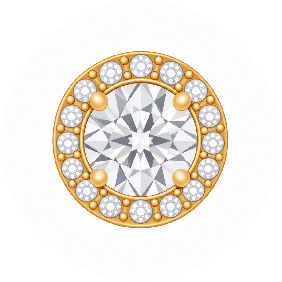 A round gold ring setting featuring a large central clear gemstone surrounded by a halo of smaller clear stones and four gold accent beads, shown on a plain white background.