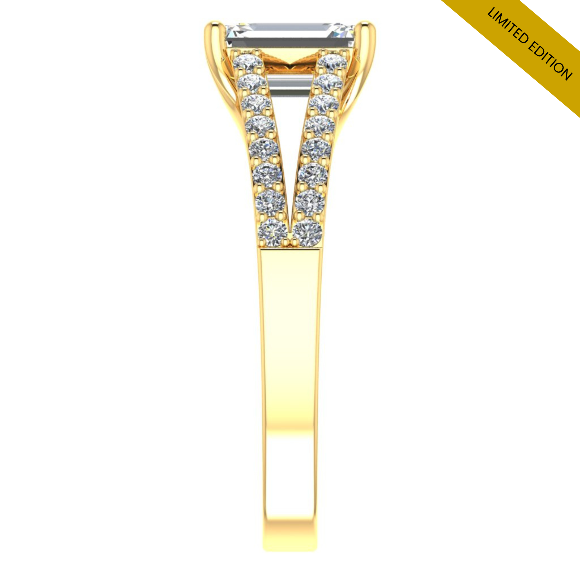Emerald Diamond & yellow gold split shoulder engagement ring | LGA