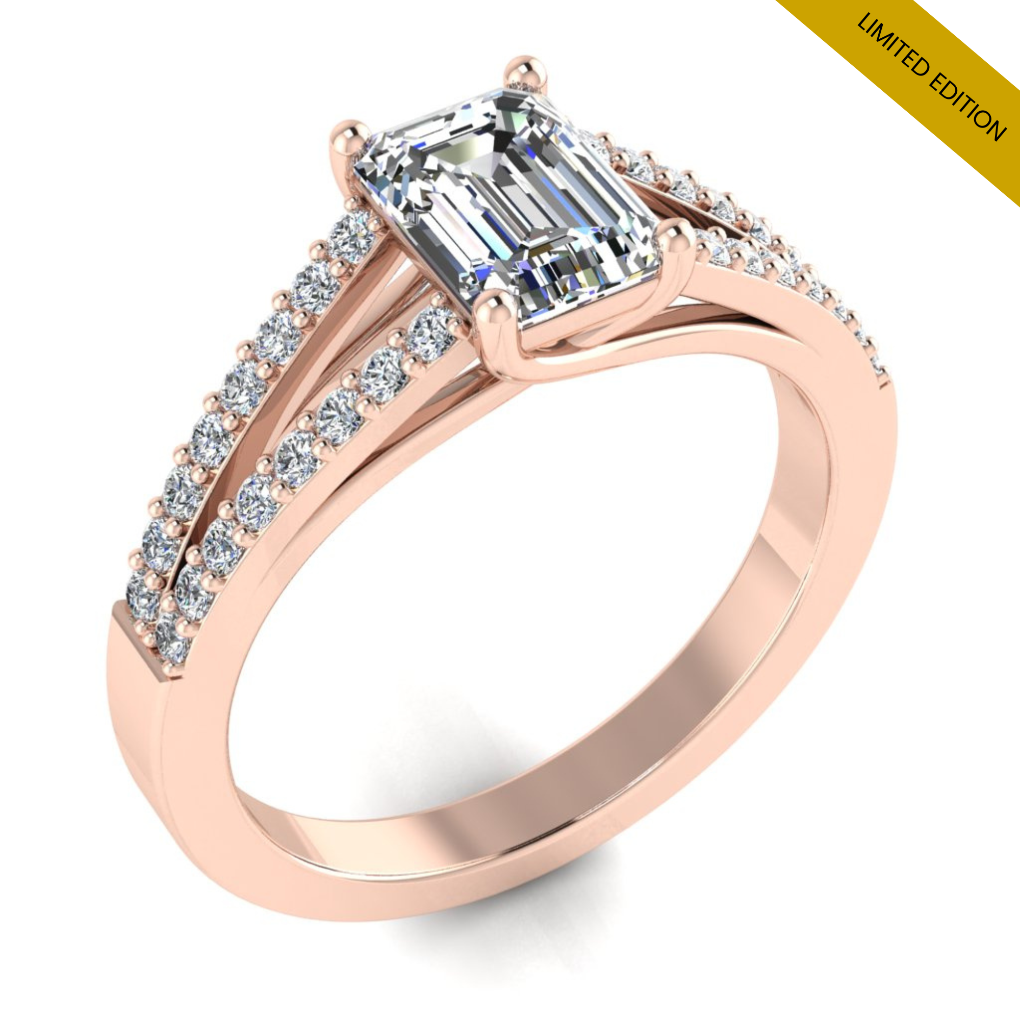 Emerald Diamond & rose gold split shoulder engagement ring | LGA