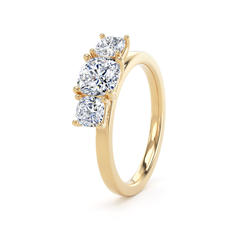 Cushion Diamond Yellow Gold Trilogy Ring, Claw Set | LGC M3C02
