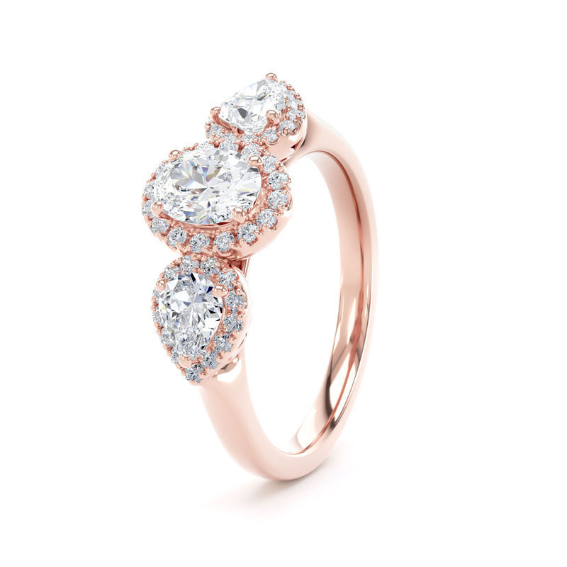 Oval & Pear Diamond Rose Gold Ring, Claw Set Halo Trilogy | LGO M3OH01