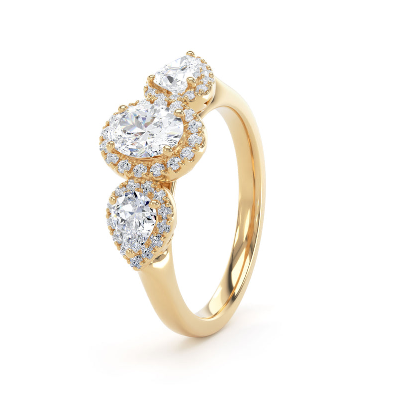 Oval & Pear Diamond Yellow Gold Ring, Claw Set Halo Trilogy | LGO M3OH01