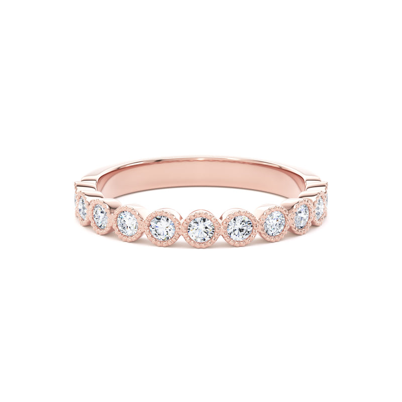 Round Diamond Rose Gold Ring, Millgrain Bezel Half Eternity | ET1219