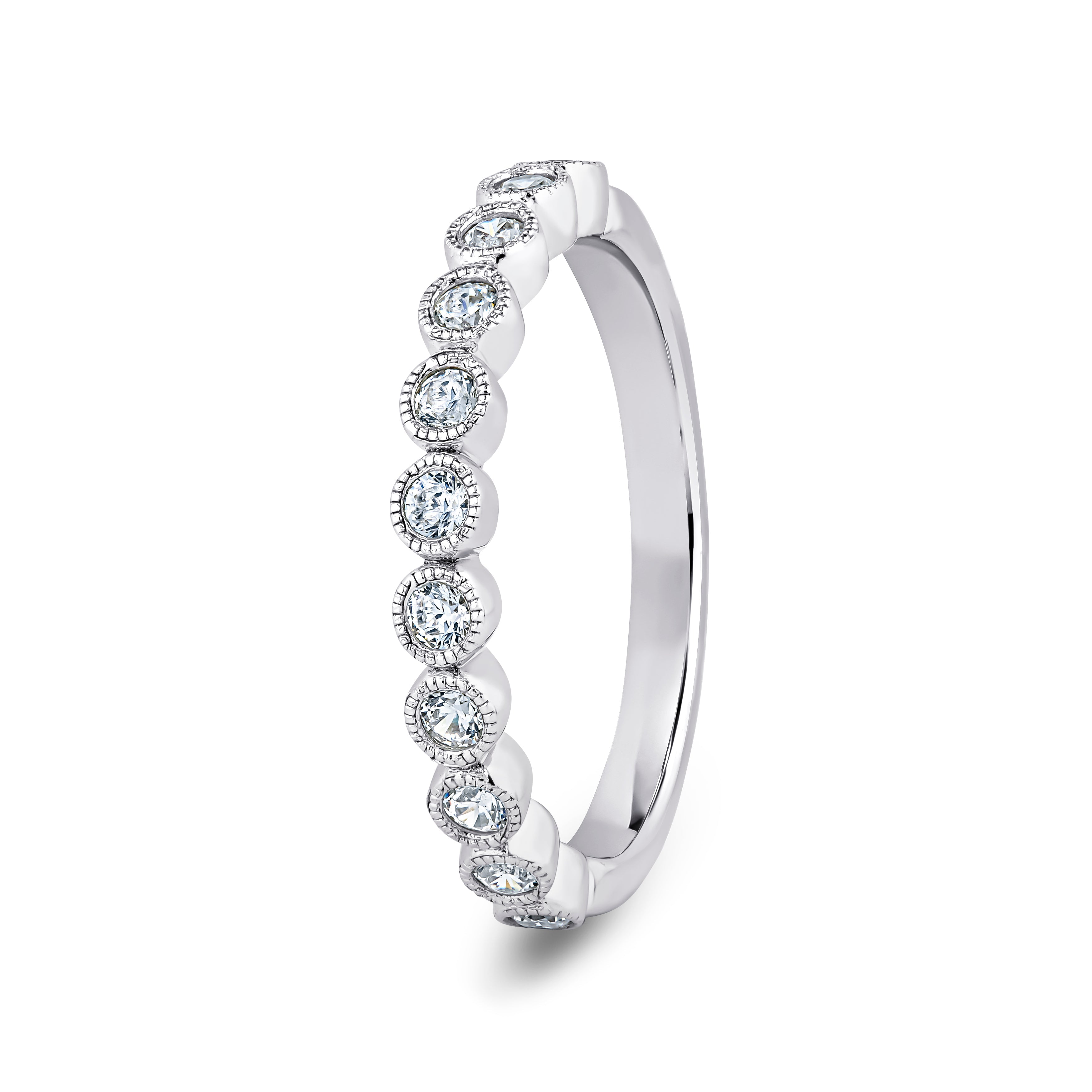 Round, Millgrain Bezel, White Gold Half Set Eternity Ring
