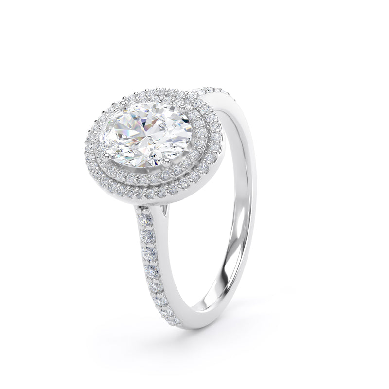 Double Halo Diamond Shoulder Ring | White Gold, Oval Diamond | OHW02 LGO