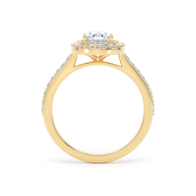 Double Halo Diamond Shoulder Ring | Yellow Gold, Oval Diamond | OHW02 LGO