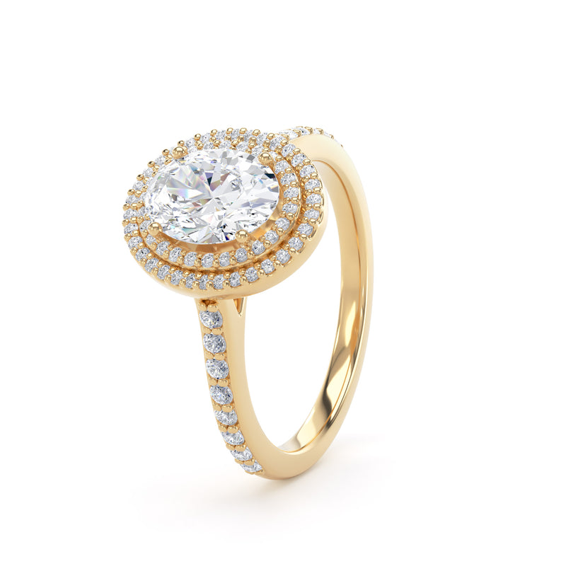 Double Halo Diamond Shoulder Ring | Yellow Gold, Oval Diamond | OHW02 LGO