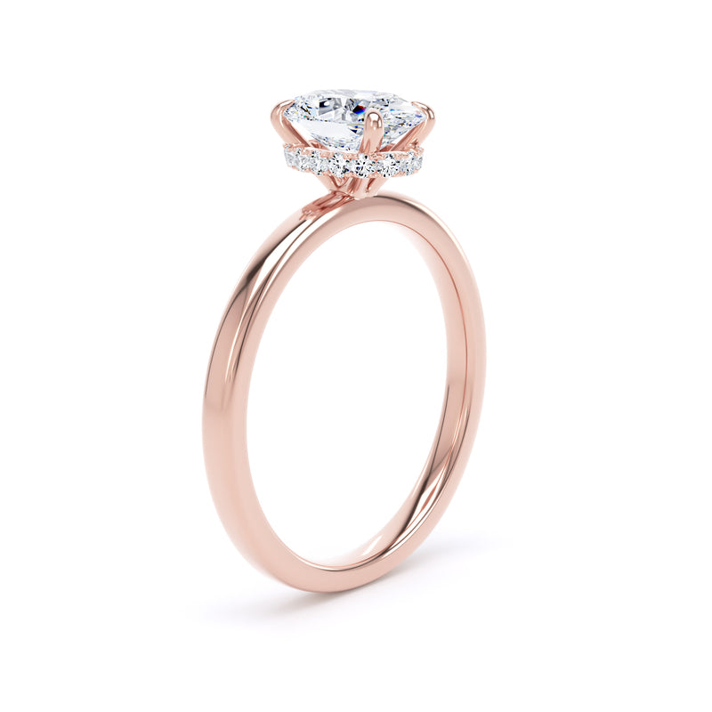 Oval Diamond Rose Gold Ring, Plain Band Hidden Halo | SMO OPS01