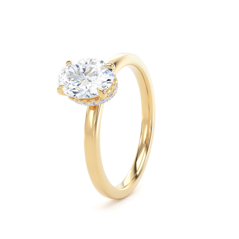 Oval Diamond Yellow Gold Ring, Plain Band Hidden Halo | LGO OPS01
