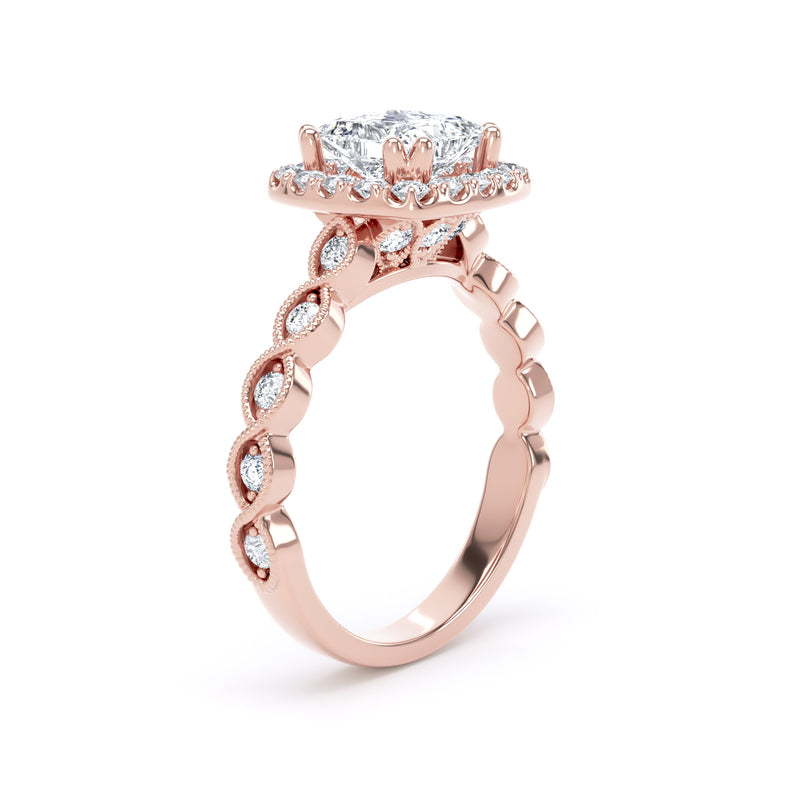 Princess Diamond Rose Gold Ring, Millgrain Band Fancy Gallery Halo | LGS PHM01