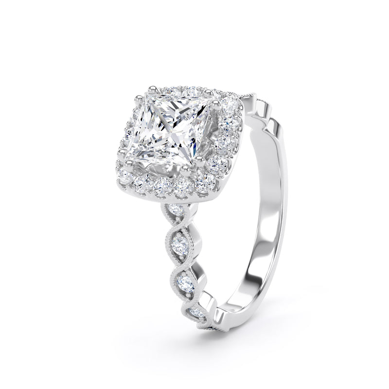 Princess Diamond Platinum Ring, Millgrain Band Fancy Gallery Halo | SMS PHM01