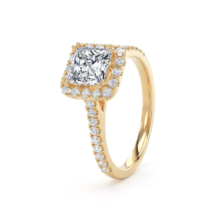 Princess Diamond Yellow Gold Ring, Diamond Set Prong Halo | SMS PHW03