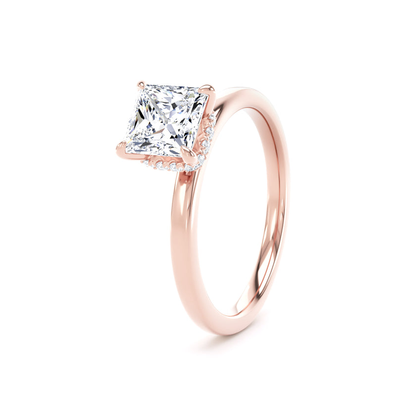 Princess Diamond Rose Gold Ring, Plain Band Hidden Halo | LGP PPS01