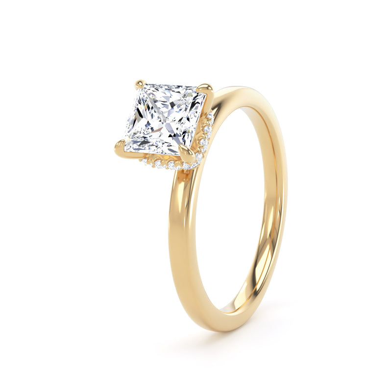 Princess Diamond Yellow Gold Ring, Plain Band Hidden Halo | LGP PPS01