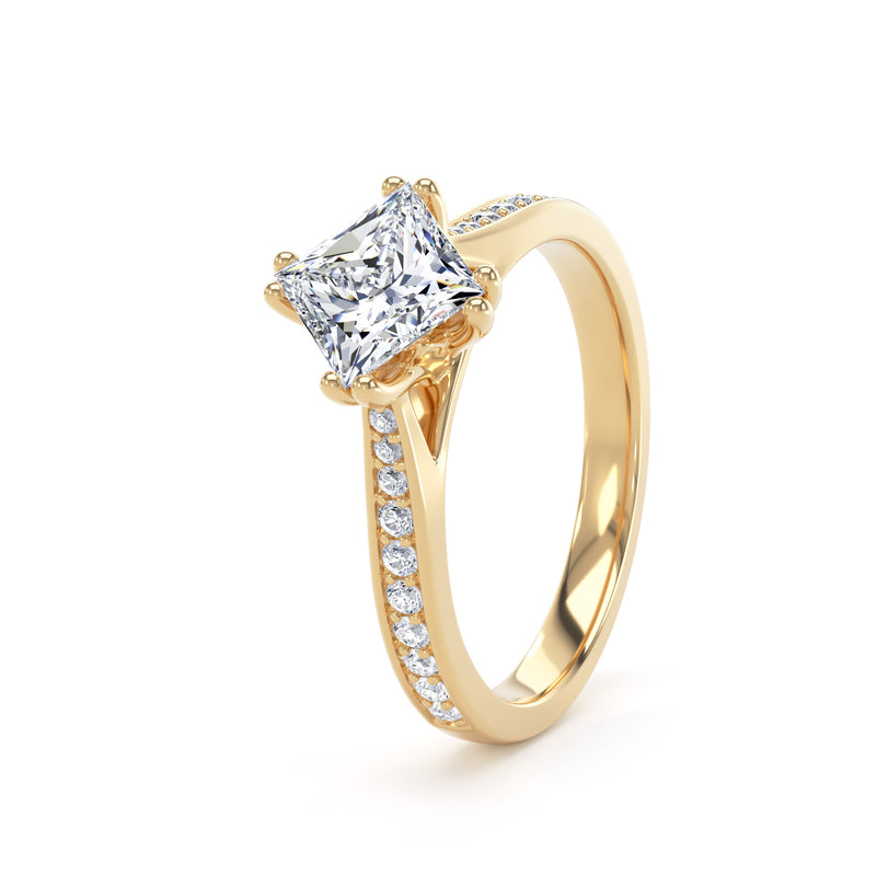 Princess Diamond Yellow Gold Ring, Grain Shoulder Set Compass Lotus | SMS PSG03