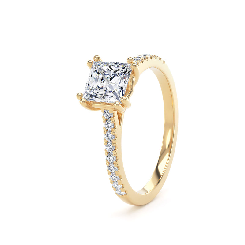 Princess Diamond Yellow Gold Ring, Double Claw Shoulder Set | SMS PSW02