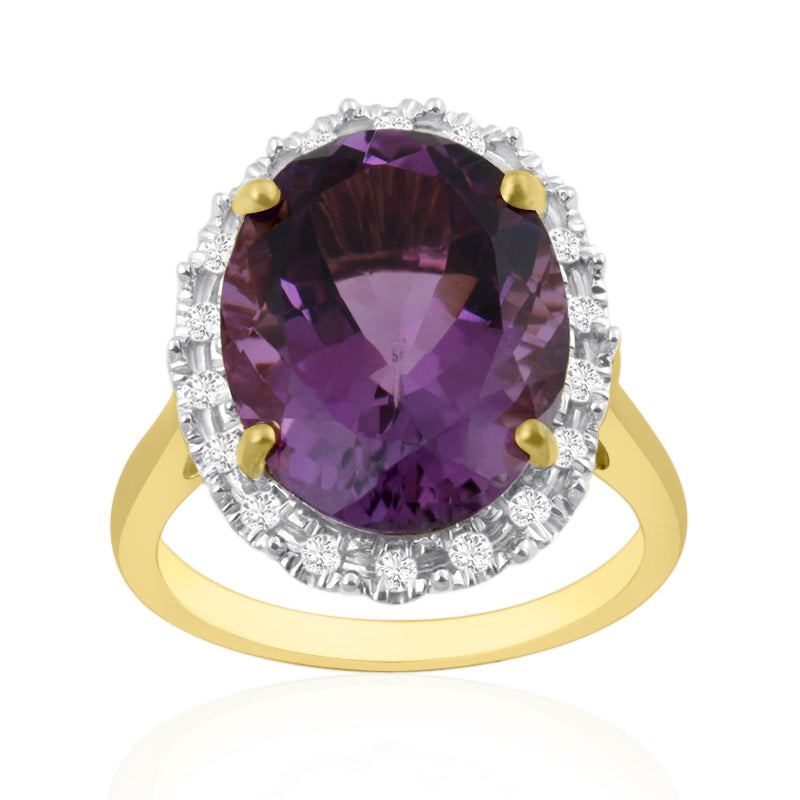 Oval Cut, 10ct Amethyst Yellow Gold Ring with Halo Set Diamonds