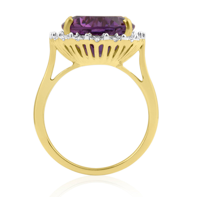 Oval Cut, 10ct Amethyst Yellow Gold Ring with Halo Set Diamonds