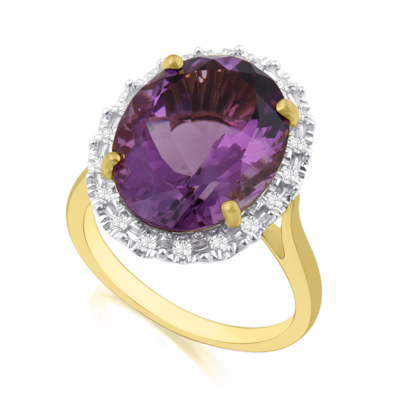 Oval Cut, 10ct Amethyst Yellow Gold Ring with Halo Set Diamonds