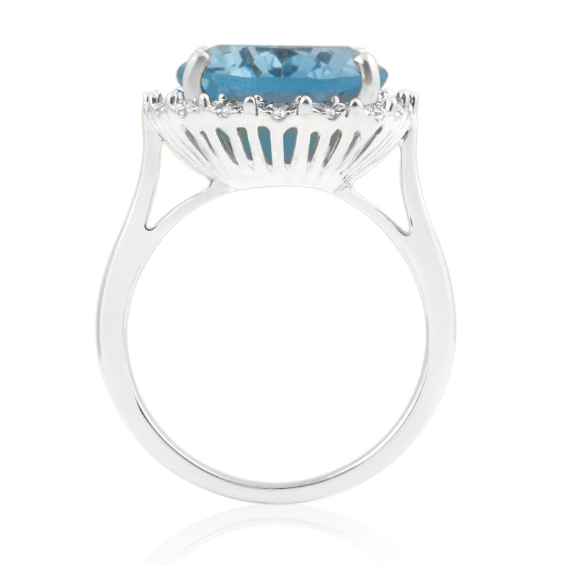 Oval Cut, 10ct Blue Topaz Platinum Ring with Halo Set Diamonds