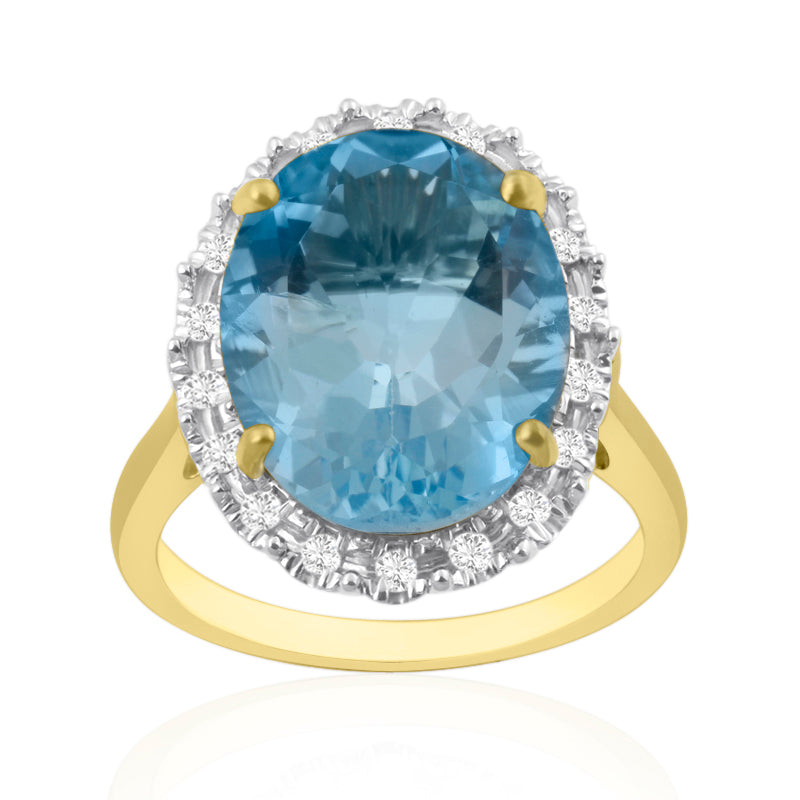 Oval Cut, 10ct Blue Topaz Yellow Gold Ring with Halo Set Diamonds