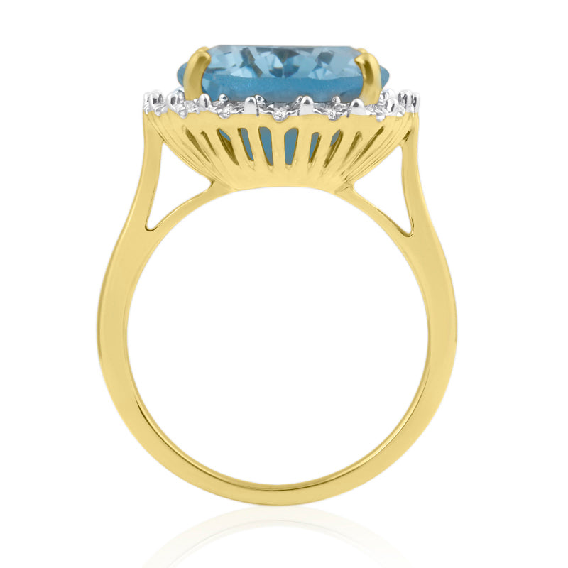 Oval Cut, 10ct Blue Topaz Yellow Gold Ring with Halo Set Diamonds