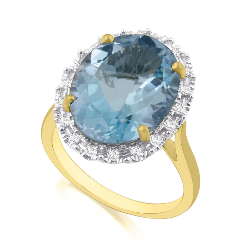 Oval Cut, 10ct Blue Topaz Yellow Gold Ring with Halo Set Diamonds