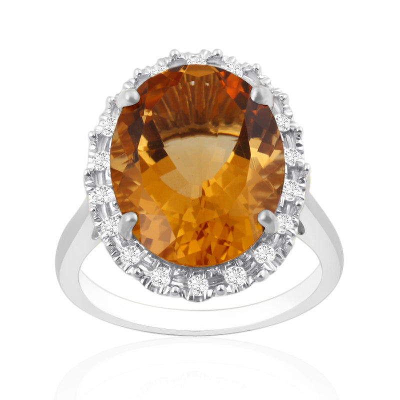 Halo Ring | White Gold, Oval Citrine & Round Diamonds