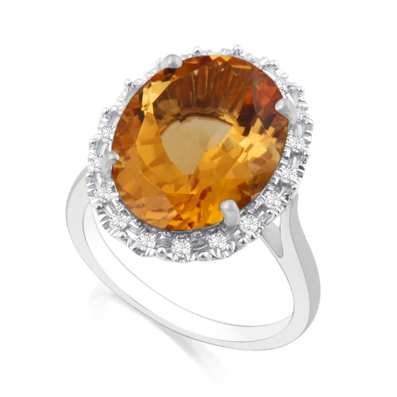 Halo Ring | White Gold, Oval Citrine & Round Diamonds