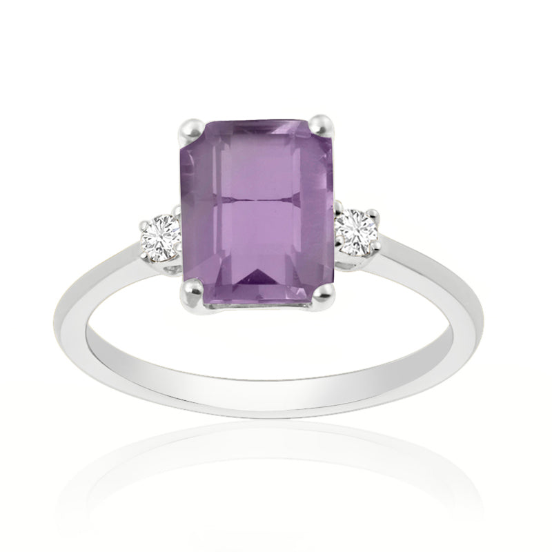 Elongated Radiant Cut Amethyst Platinum Trilogy Ring with Diamond Sidestones