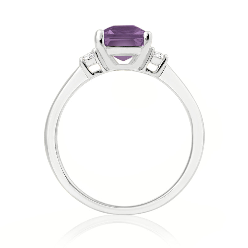 Elongated Radiant Cut Amethyst Platinum Trilogy Ring with Diamond Sidestones