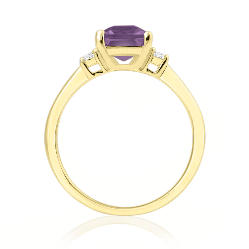 Elongated Radiant Cut Amethyst Yellow Gold Trilogy Ring with Diamond Sidestones