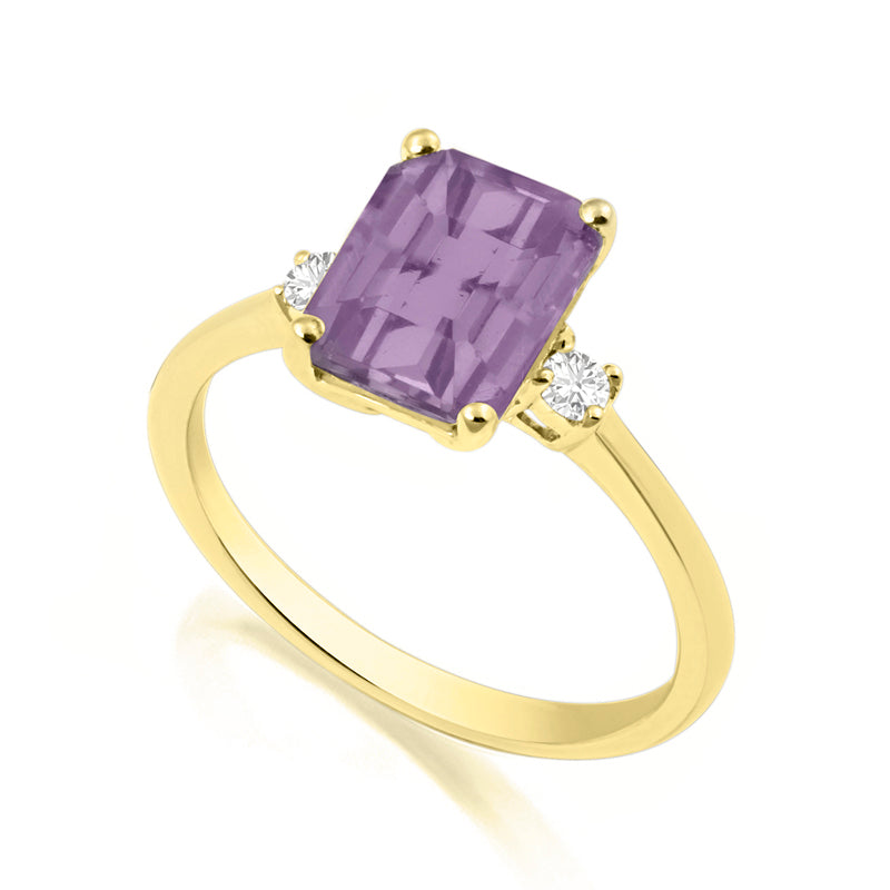 Elongated Radiant Cut Amethyst Yellow Gold Trilogy Ring with Diamond Sidestones
