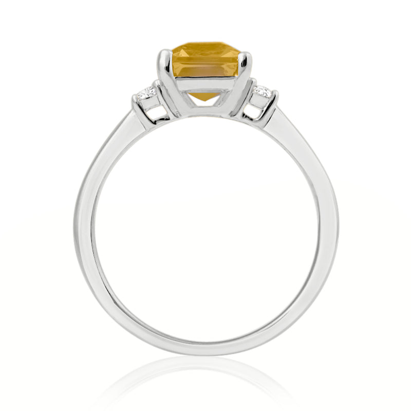 Elongated Radiant Cut Citrine White Gold Trilogy Ring with Diamond Sidestones
