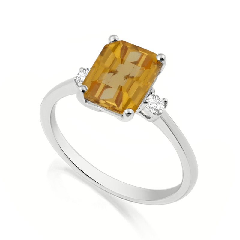 Elongated Radiant Cut Citrine White Gold Trilogy Ring with Diamond Sidestones