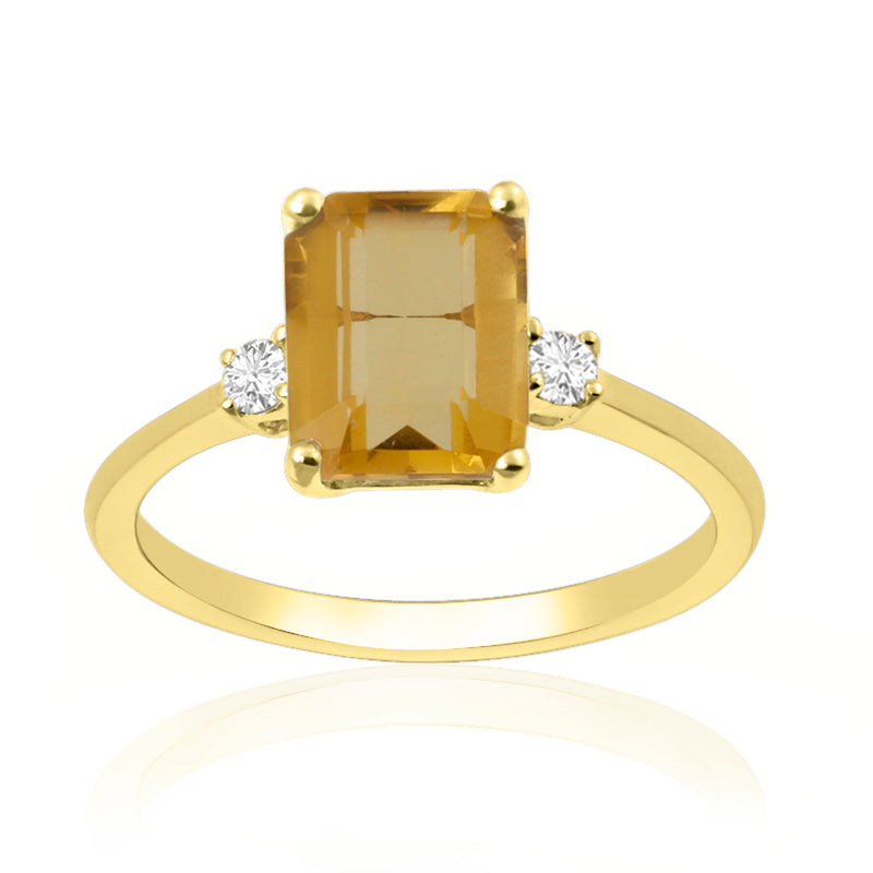 Elongated Radiant Cut Citrine Yellow Gold Trilogy Ring with Diamond Sidestones