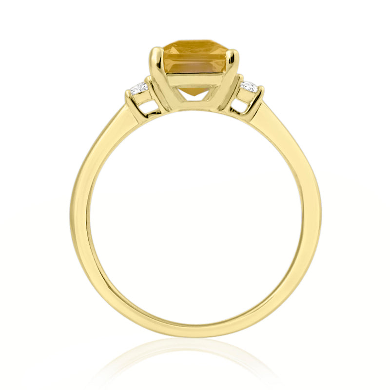 Elongated Radiant Cut Citrine Yellow Gold Trilogy Ring with Diamond Sidestones