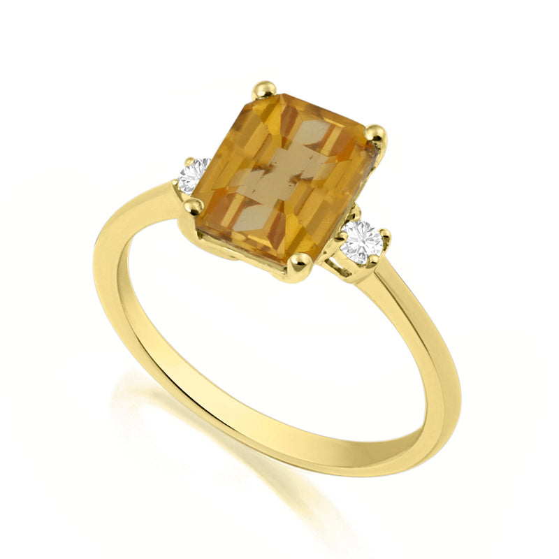 Elongated Radiant Cut Citrine Yellow Gold Trilogy Ring with Diamond Sidestones