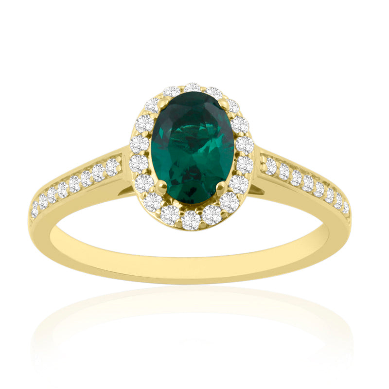 Oval Cut Emerald Yellow Gold Ring with Shoulder & Halo Set Diamonds
