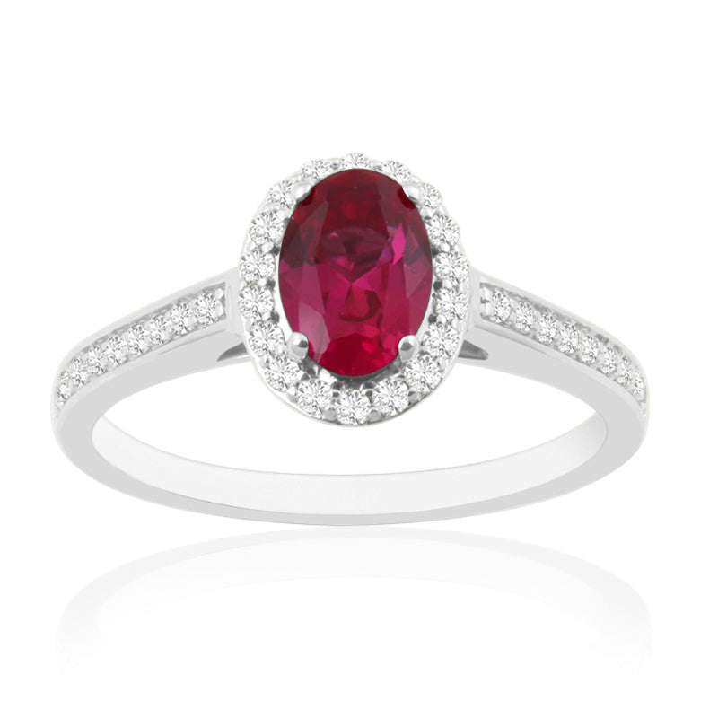 Oval Cut Ruby White Gold Ring with Shoulder & Halo Set Diamonds