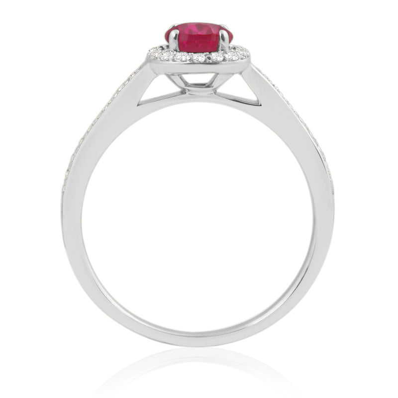 Oval Cut Ruby White Gold Ring with Shoulder & Halo Set Diamonds